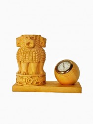 Ashoka Pillar Tabletop Pen Holder crafted in white wood with clock